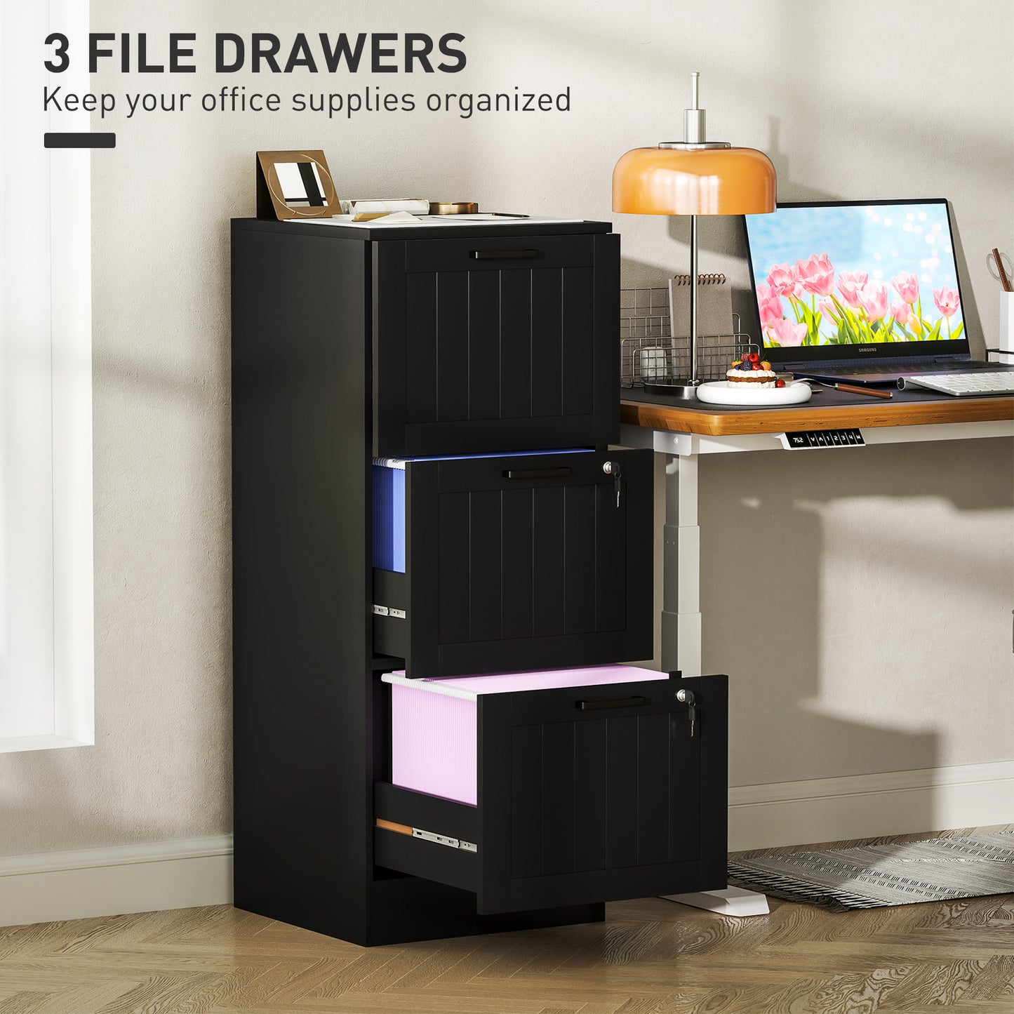 HOMCOM 3 Drawer Filing Cabinet with Lock, Office Storage Cabinet with Adjustable Hanging Bars for A4 Letter Size Files, Black