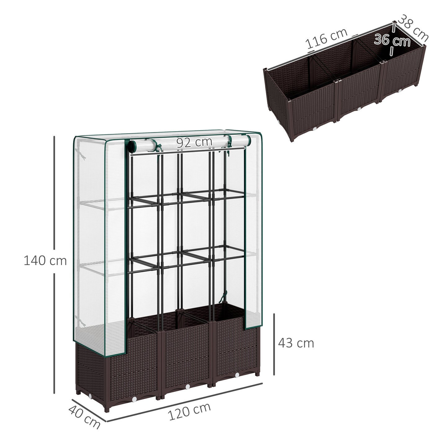 Outsunny Raised Garden Bed with Trellis, Plastic Planter Box with PE Cover, Drainage Holes, Drain Plugs and Water Reservoirs for Climbing Plants, Vegetables, Flowers, 120 x 40 x 140 cm
