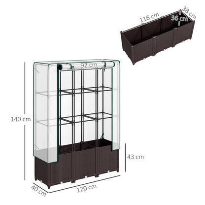 Outsunny Raised Garden Bed with Trellis, Plastic Planter Box with PE Cover, Drainage Holes, Drain Plugs and Water Reservoirs for Climbing Plants, Vegetables, Flowers, 120 x 40 x 140 cm