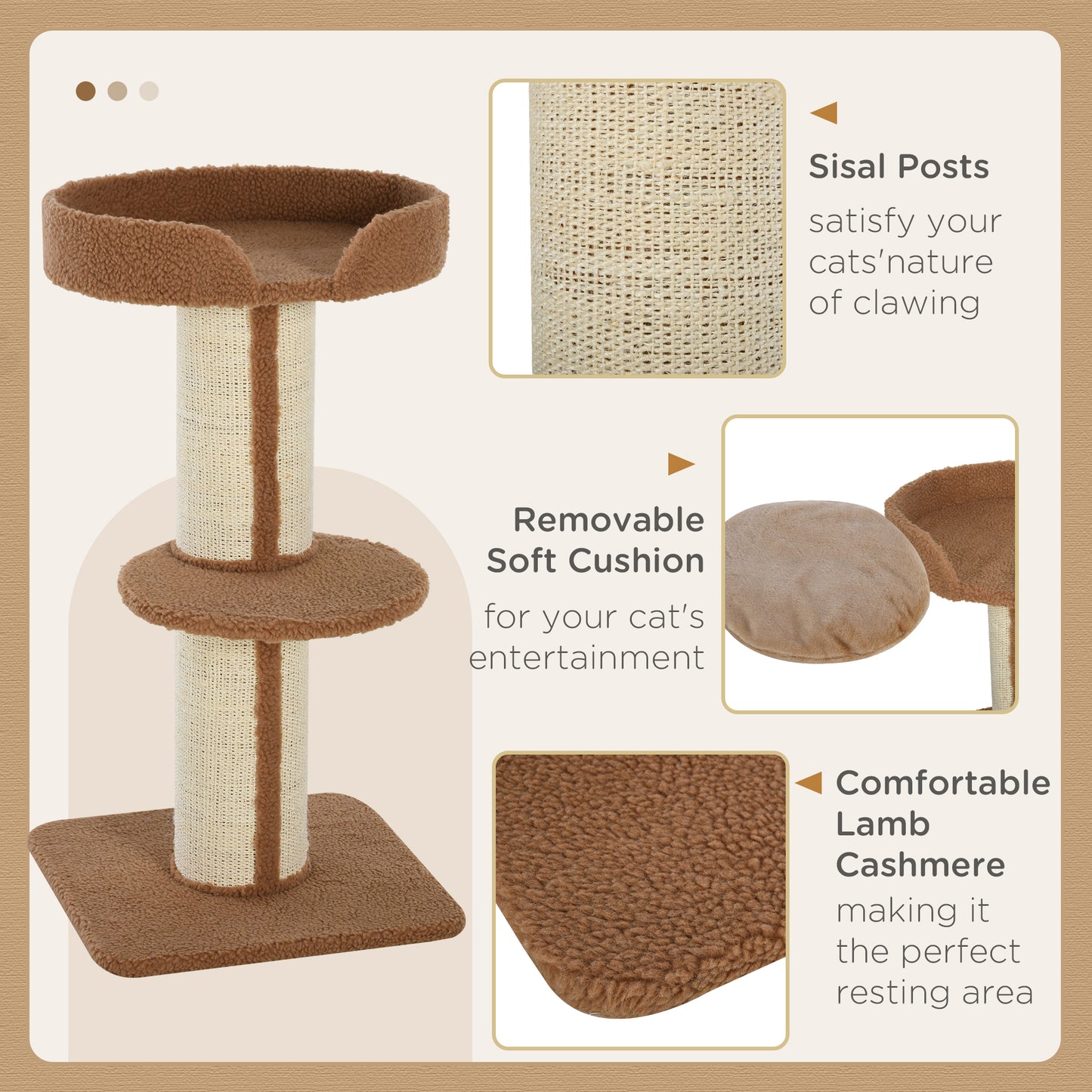 PawHut 91cm Cat Tree, Cat Tower with Scratching Post, Bed, Perch, Removable Cushion for Indoor Kittens, Brown