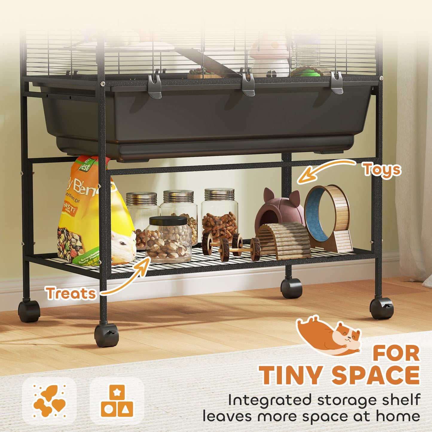 PawHut 3 Tier Large Hamster Cage on Wheels with 17 cm Deep Tray, Storage Shelf for Syrian, Gerbil, Rats