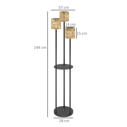 Outsunny Boho Rattan Floor Lamp, 3-Lights Rattan Lamp with Shelf, Freestanding Solar Garden Light with Auto On/Off Lights, IP44 Waterproof for Porch, Pathway, Terrace, Yellow