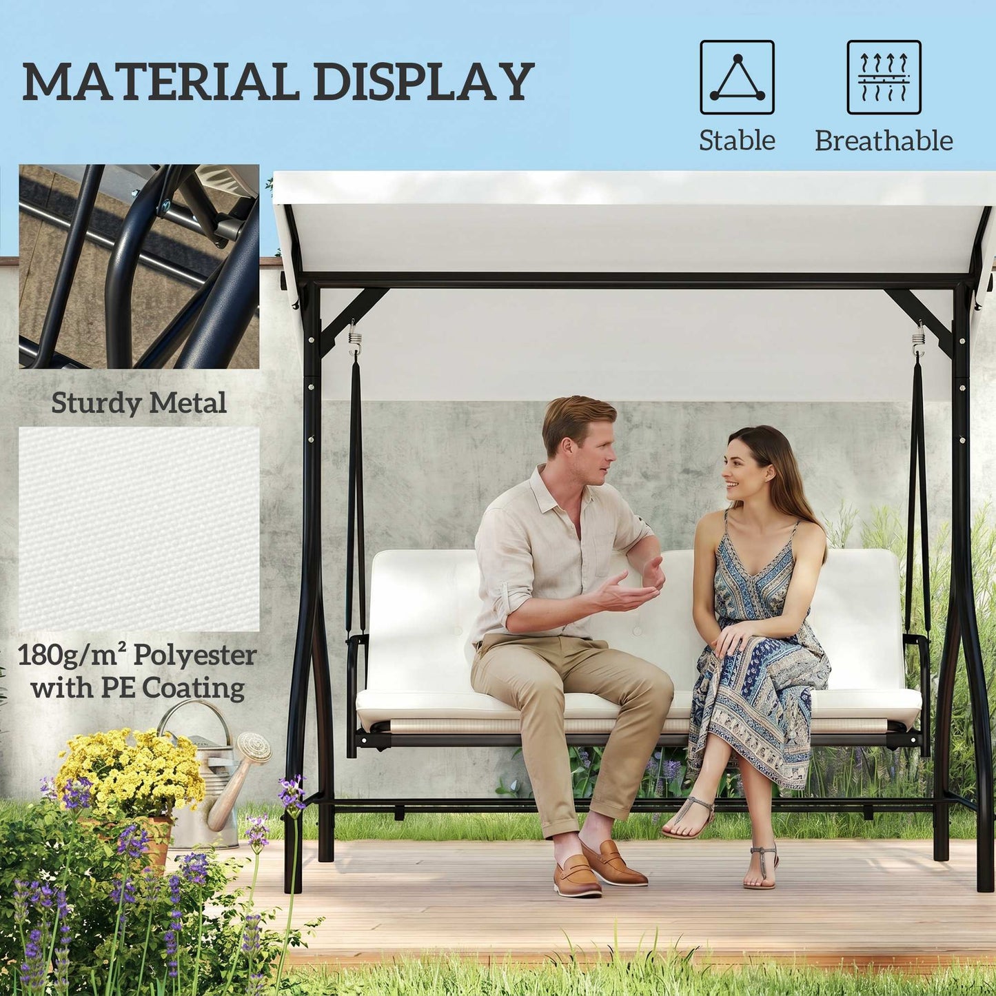 Outsunny 3 Seater Canopy Swing Chair, 2 in 1 Garden Swing Seat Bed, with Adjustable Canopy and Metal Frame, Cream White