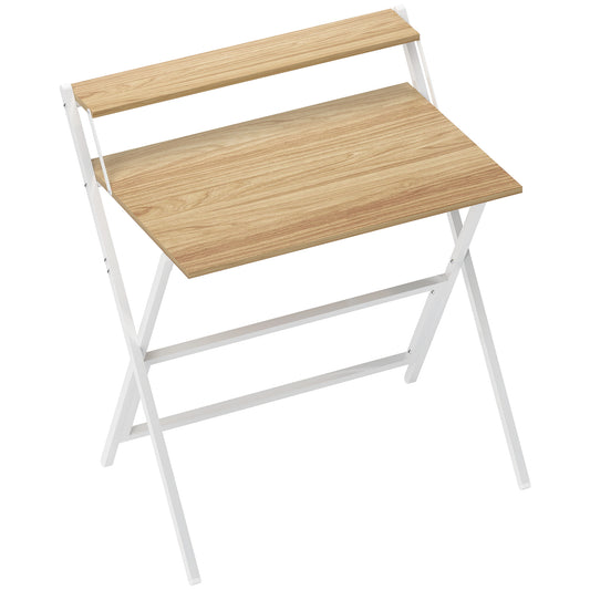 HOMCOM 81.5 cm Folding Computer Desk with Monitor Shelf - Natural Wood Finish