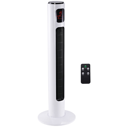 HOMCOM 38'' Freestanding Tower Fan, 3 Speed 3 Mode, 12h Timer, 70 Degree Oscillation, LED Panel, 5M Remote Controller, White--ChewyGames-ChewyGames