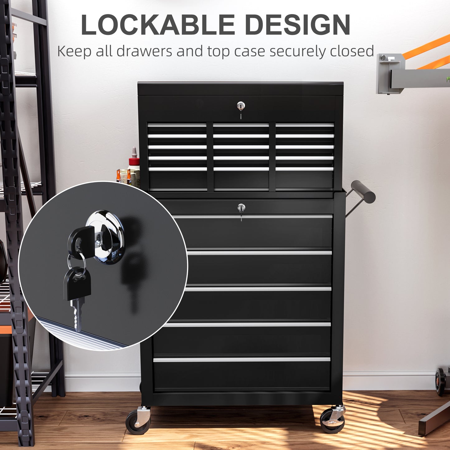 HOMCOM 14 Drawer, Two-Part Tool Storage Chest on Wheels - Black
