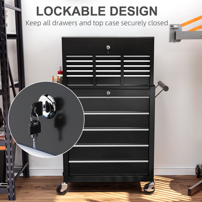 HOMCOM 14 Drawer, Two-Part Tool Storage Chest on Wheels - Black
