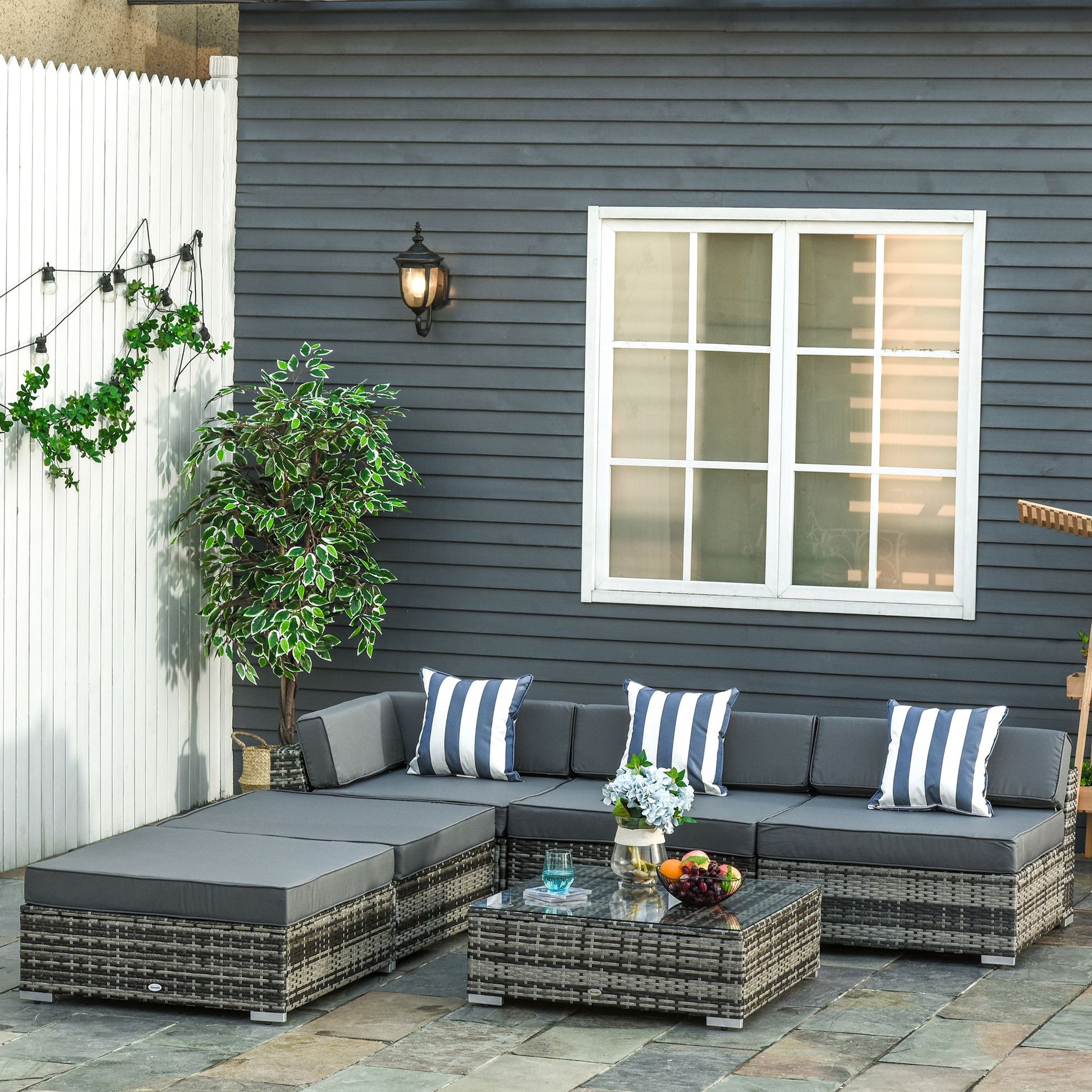 Outsunny 6 PC Rattan Sofa Coffee Table Set Sectional Wicker Weave Furniture for Garden Outdoor Conservatory w/ Pillow Cushion Grey--ChewyGames-ChewyGames