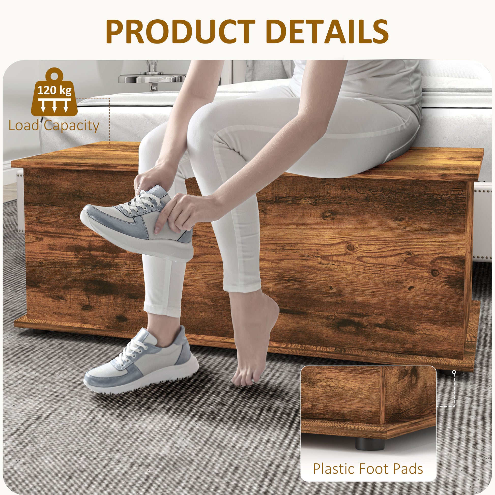 HOMCOM Storage Chest, Large 113L Blanket Box, Shoe Bench with Safety Hinged Lid, Storage Trunk, Bed End Bench for Bedroom, Hallway, Living room, Playroom, 100 x 40 x 40cm, Rustic Brown--ChewyGames-ChewyGames