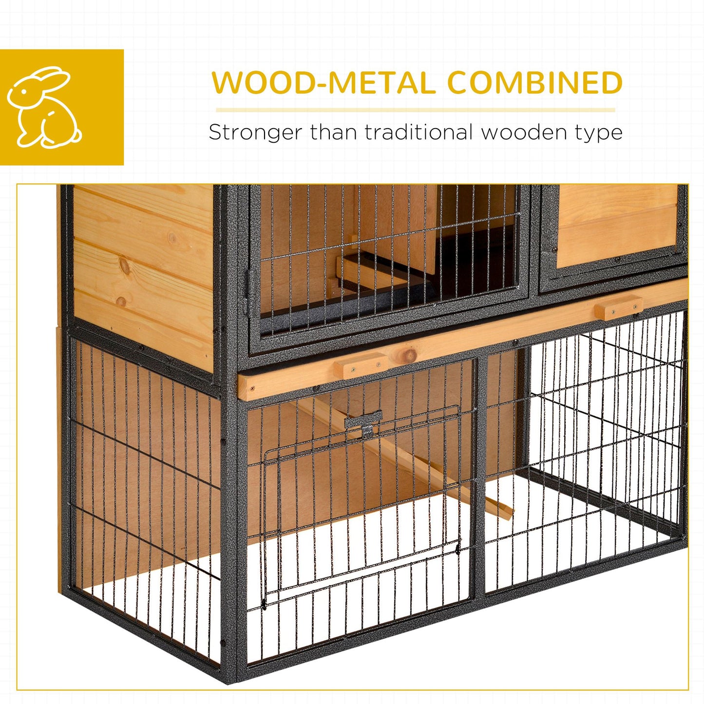 PawHut Guinea Pig Hutch Rabbit Hutch Wood-metal Elevated Pet House Bunny Cage with No-Leak Tray Ramp Openable Roof Outdoor 89.5 x 45 x 81cm Light Yellow--ChewyGames-ChewyGames