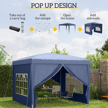 Outsunny 3 x 3 m Garden Pop Up Gazebo, Wedding Party Tent Marquee, Water Resistant Awning Canopy with Sidewalls, Windows, Carry Bag, Blue