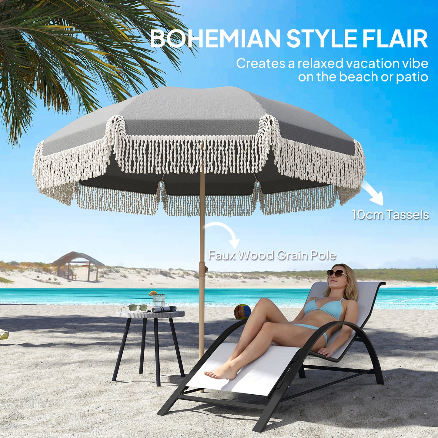Outsunny 1.7 m Beach Umbrella with Sand Anchor, 30° Tilting Fringed Beach Garden Parasol with Adjustable Height, Grey
