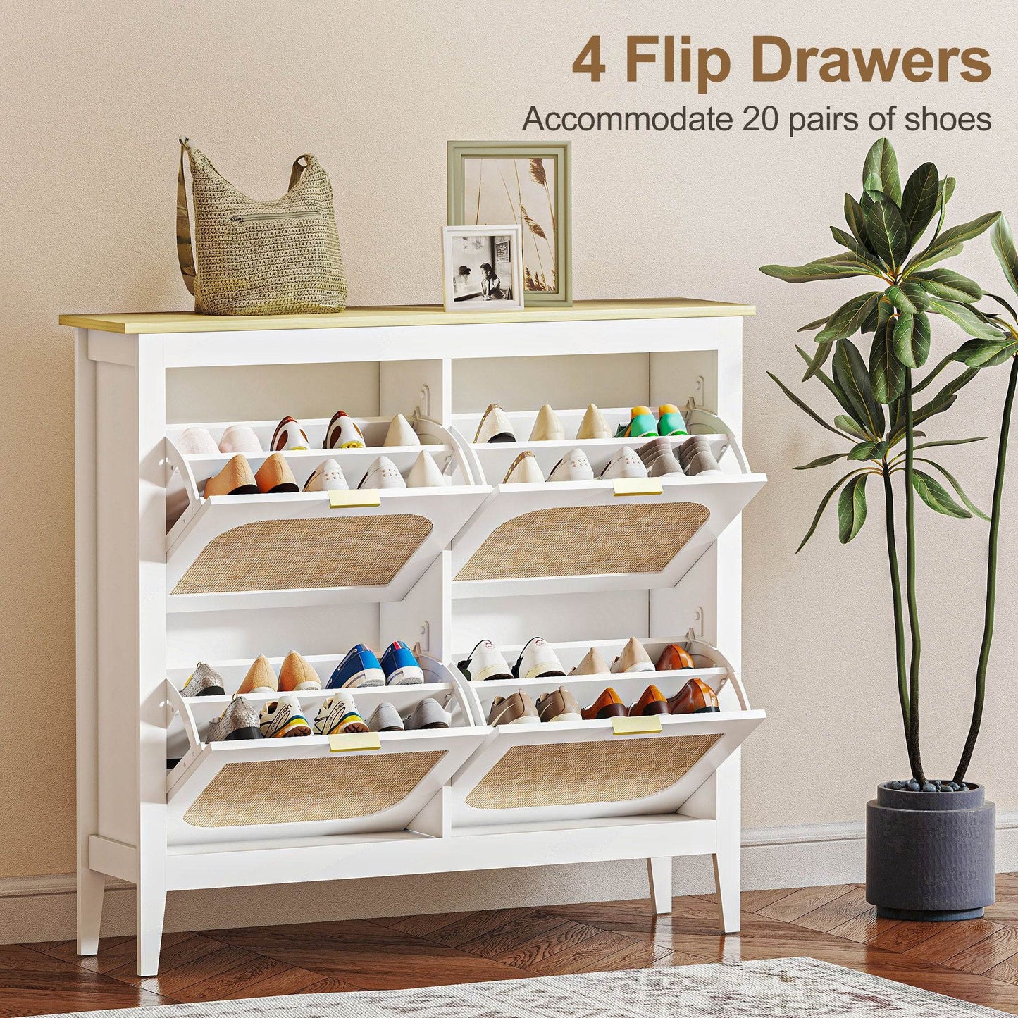 HOMCOM Narrow Shoe Cabinet, Boho Slim Shoe Storage Cabinet with 4 Flip Drawers, Holds 20 Pairs, White