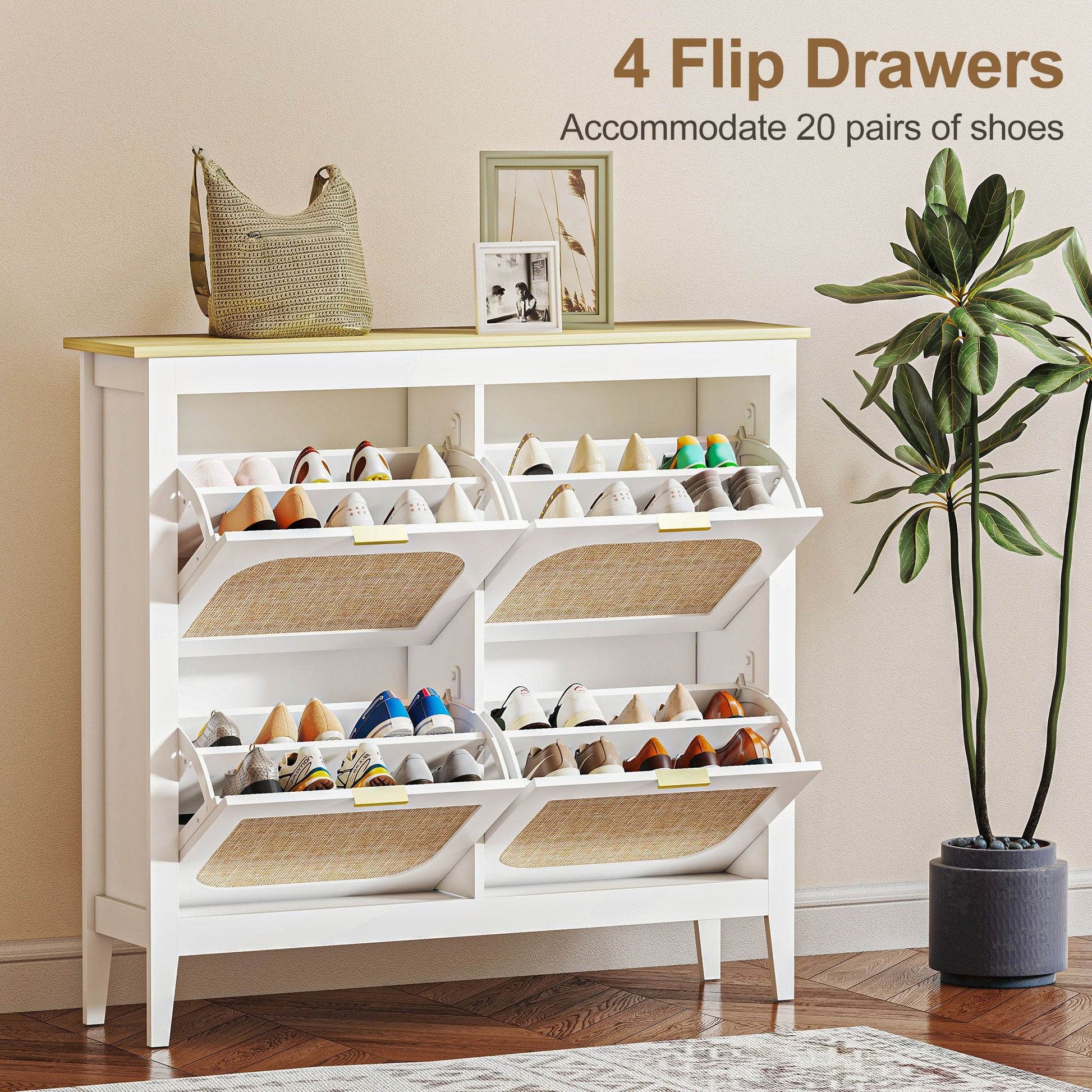 HOMCOM Narrow Shoe Cabinet, Boho Slim Shoe Storage Cabinet with 4 Flip Drawers, Holds 20 Pairs, White