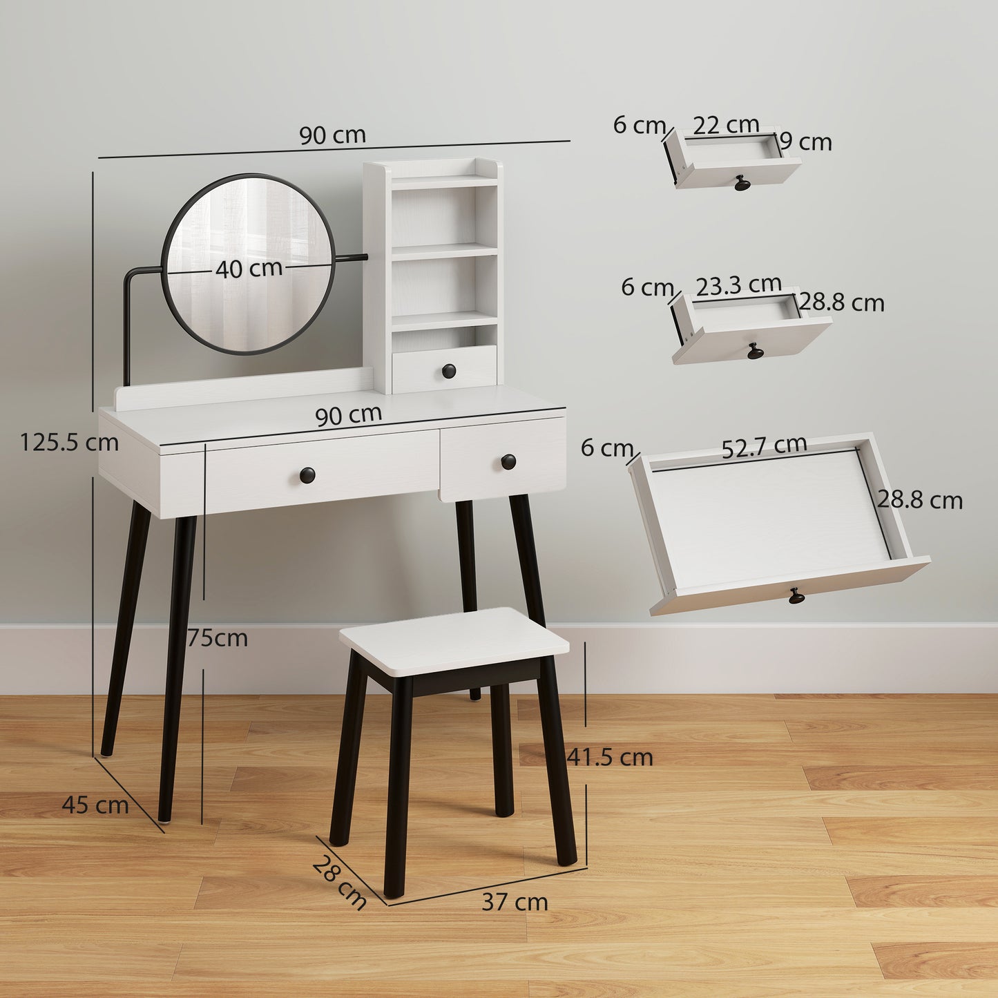 HOMCOM Dressing Table Set with Mirror and Stool, Vanity Makeup Table with 3 Drawers and Open Shelves for Bedroom, Living Room, White