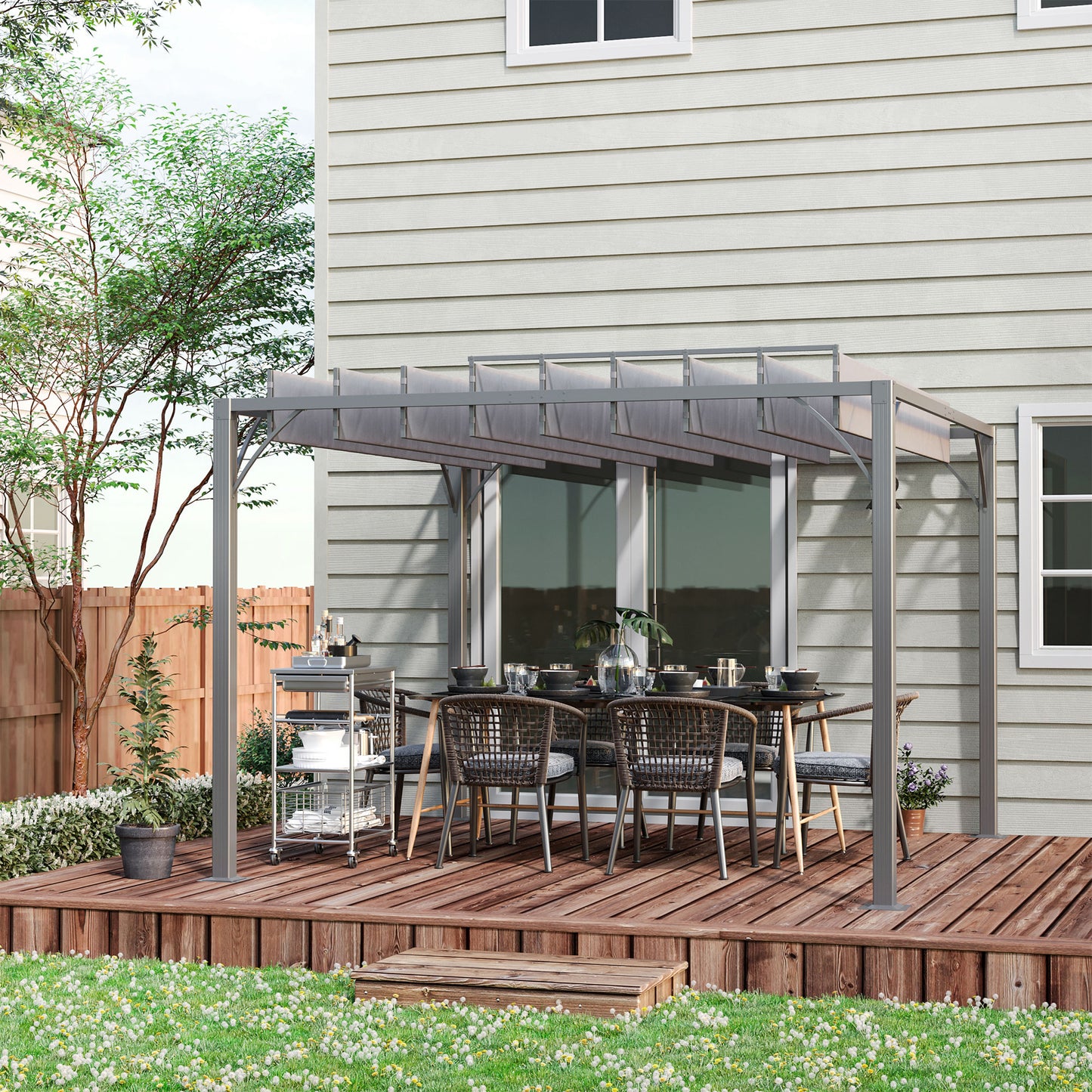 Outsunny 3 x 3(m) Outdoor Pergola with Retractable Roof, Aluminium Louvered Patio Gazebo Canopy, Grey