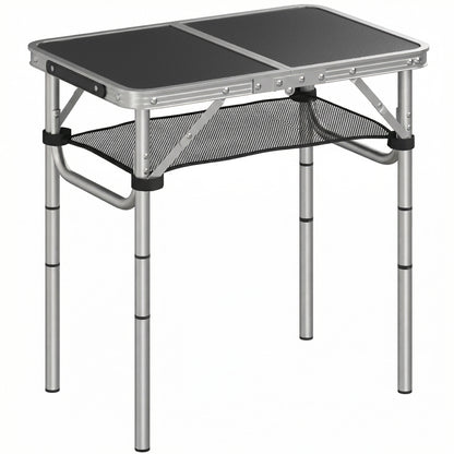 Outsunny 2ft Folding Camping Table, Picnic Table with Mesh Storage Layer, 4 Adjustable Heights and Carrying Handle, Black