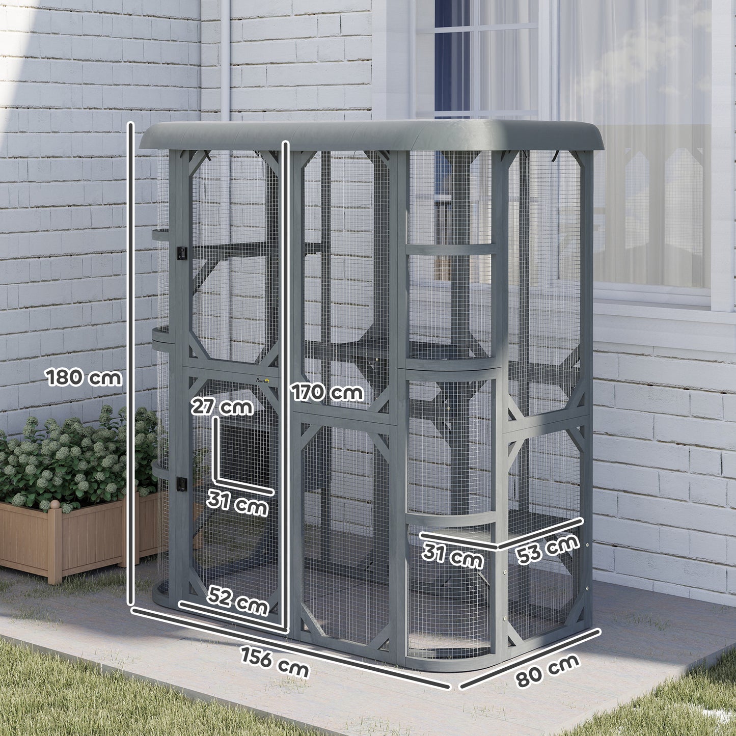 PawHut Catio Outdoor Cat Enclosure,  Wooden Cat House with Platforms, Condo and Waterproof Cover for 2–3 Kittens, Grey