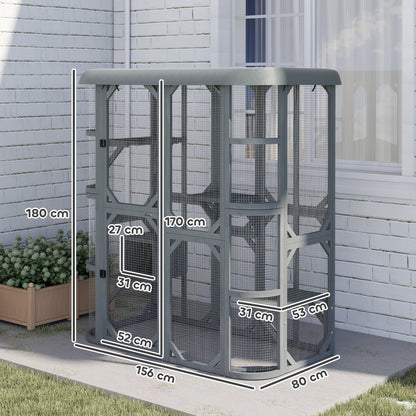 PawHut Catio Outdoor Cat Enclosure,  Wooden Cat House with Platforms, Condo and Waterproof Cover for 2–3 Kittens, Grey