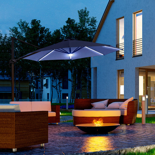 Outsunny 3(m) LED Cantilever Parasol Outdoor Sun Umbrella w/ Base Solar Lights Blue
