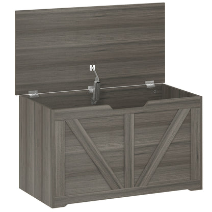 HOMCOM 100L Home Storage Box, with Safety Hinge - Dark Grey Wood-Effect