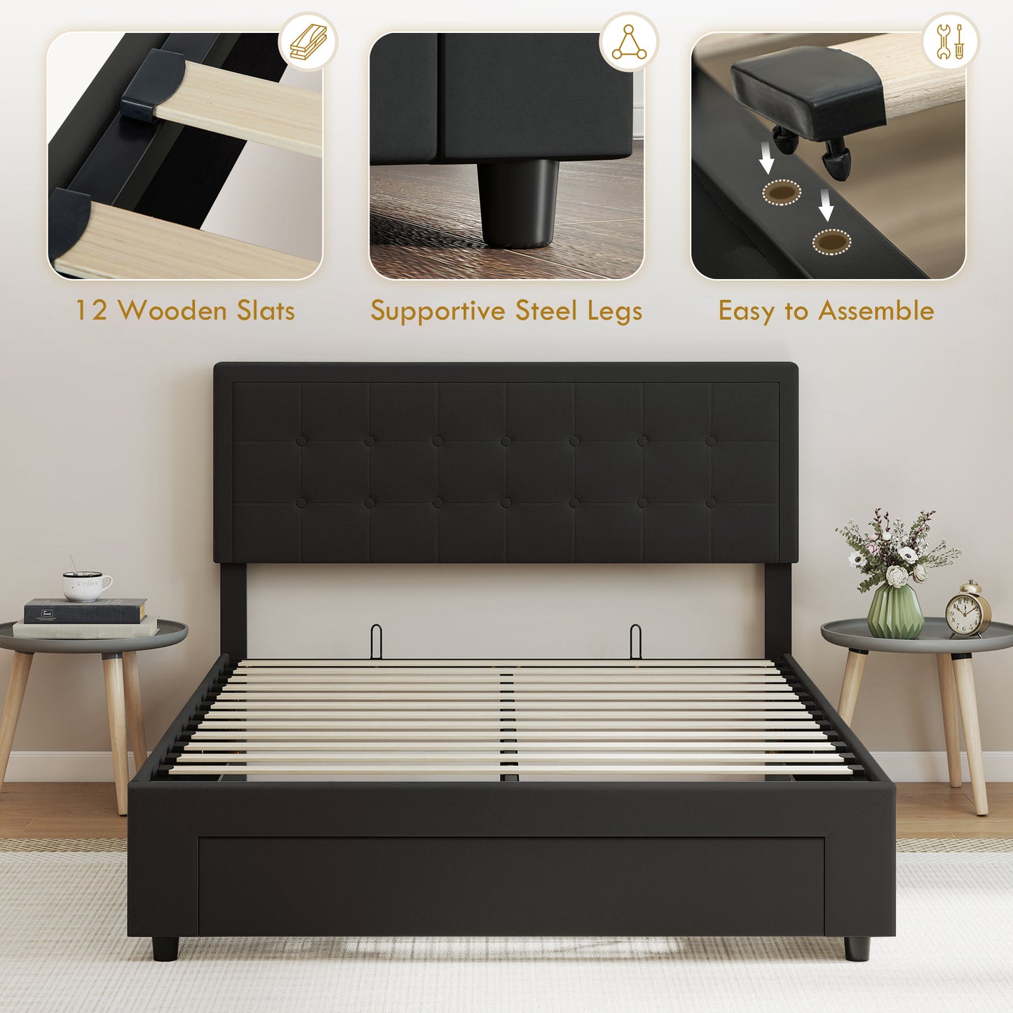 HOMCOM Double Ottoman Bed Frame, with Front Drawer Black