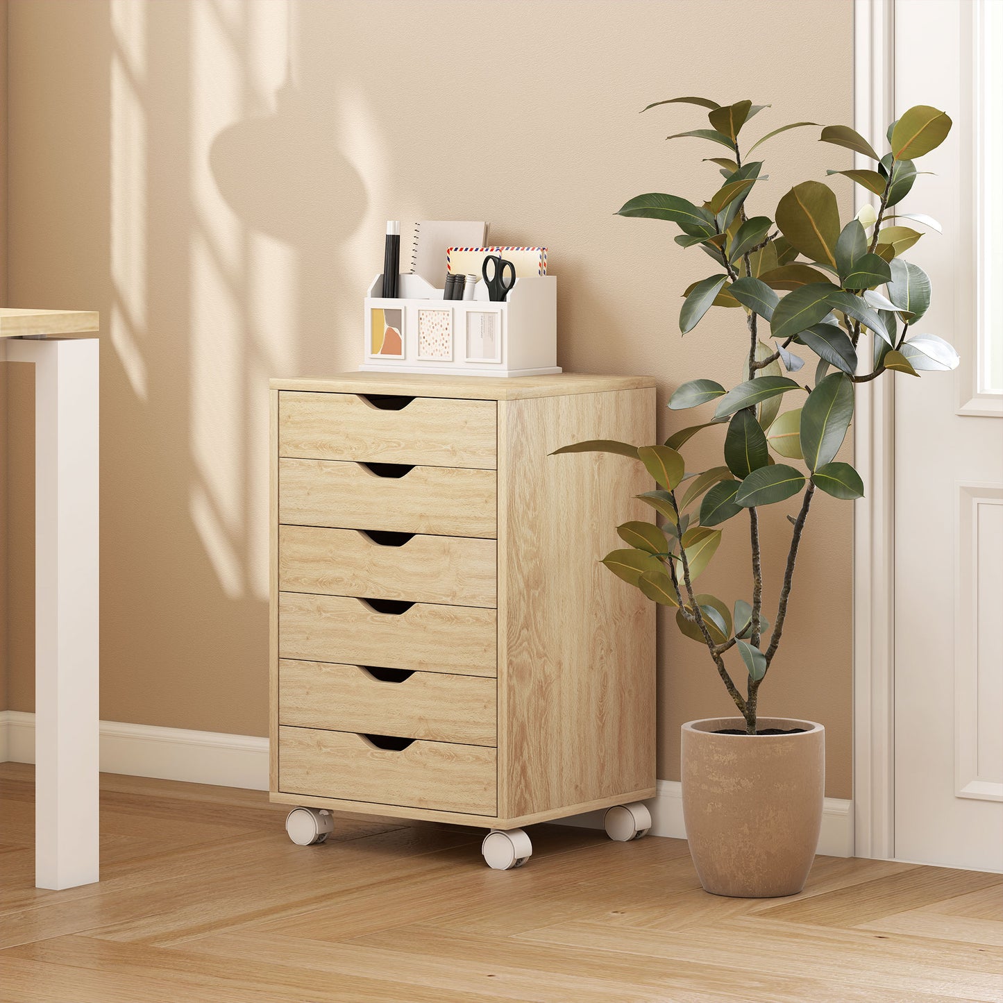 HOMCOM 6 Drawer Vertical File Cabinet, Mobile Filing Cabinet with Quiet Drawers and Wheels with 2 Brakes, Oak Wood Effect