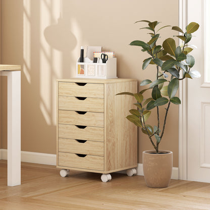 HOMCOM 6 Drawer Vertical File Cabinet, Mobile Filing Cabinet with Quiet Drawers and Wheels with 2 Brakes, Oak Wood Effect