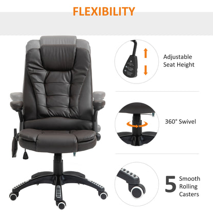 HOMCOM 6-Point Massage Office Chair with Seat Heated for Home Office, PU Leather High Back Executive Desk Chair with Adjustable Height and 360° Swivel for Work Study, Brown