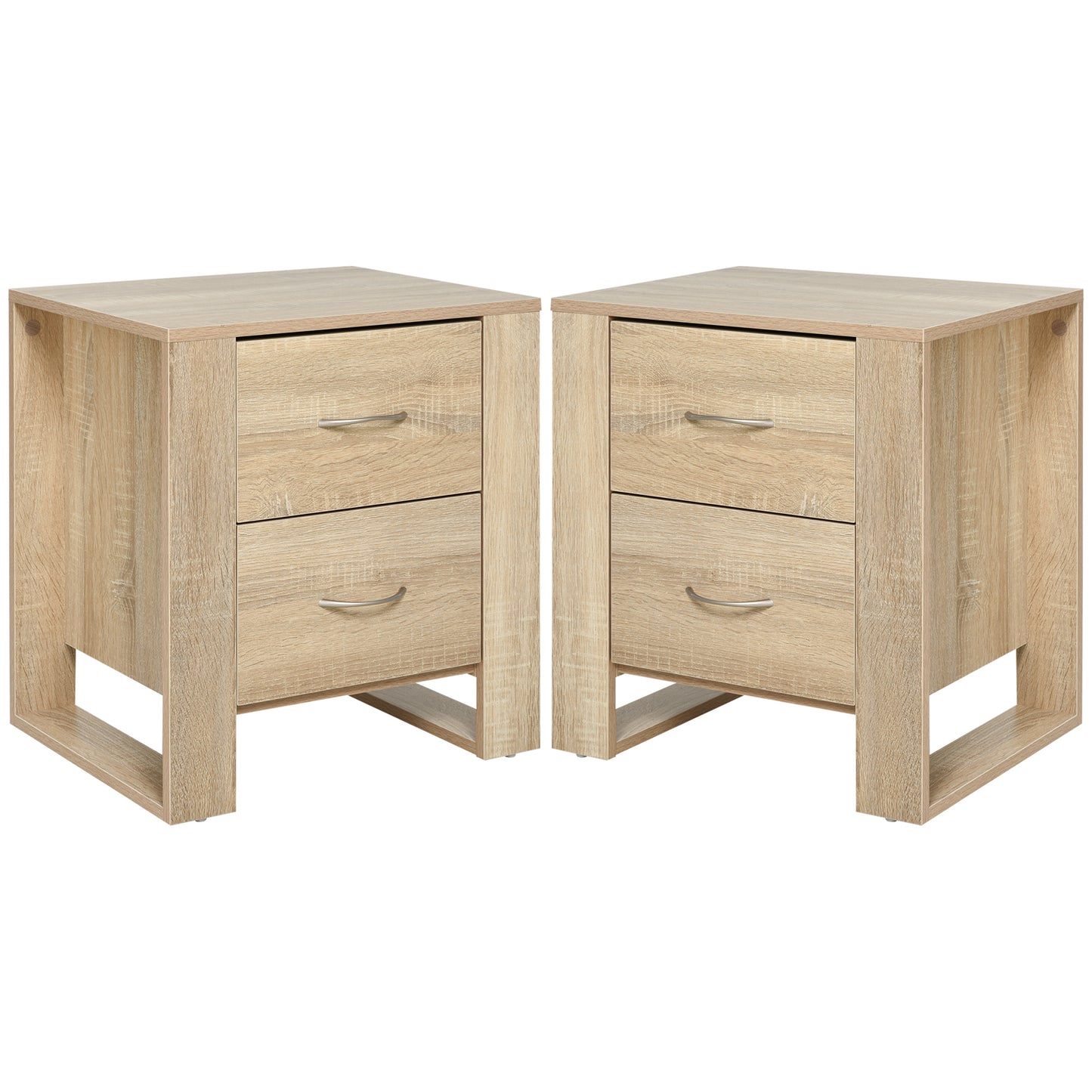 HOMCOM Bedside Table with 2 Drawers, Nightstand with Handles and Elevated Base, Side Table for Bedroom, Living Room, Set of 2, Brown