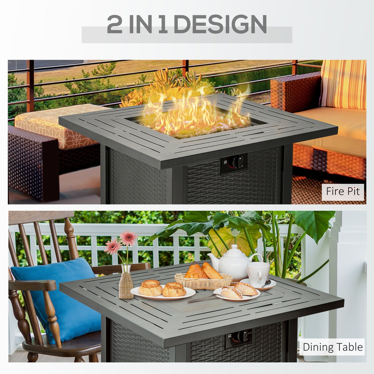 Outsunny Square Propane Gas Fire Pit Table, 40000 BTU Rattan Smokeless Firepit Patio Heater with Protective Cover, Glass beads and Lid, 71cm x 71cm x 63cm, Black