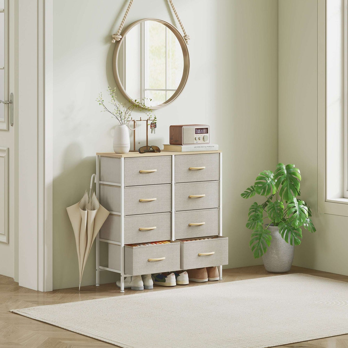 HOMCOM Fabric Chest of Drawers, Industrial Bedroom Dresser with 8 Fabric Drawers, Steel Frame and Wooden Top for Nursery, Living Room, Hallway, Maple Wood-effect