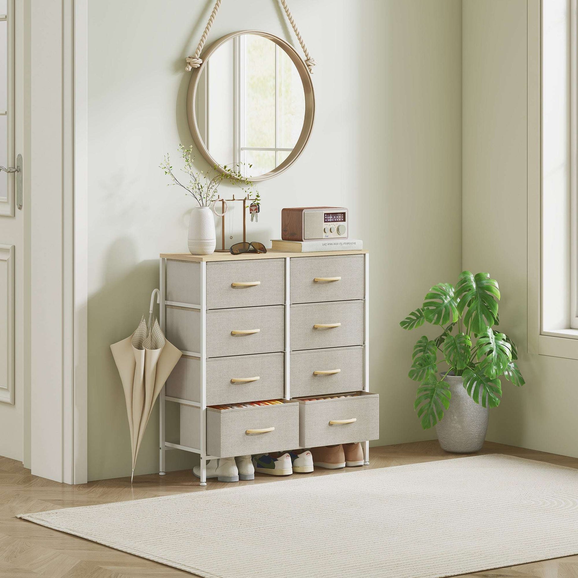 HOMCOM Fabric Chest of Drawers, Industrial Bedroom Dresser with 8 Fabric Drawers, Steel Frame and Wooden Top for Nursery, Living Room, Hallway, Maple Wood-effect