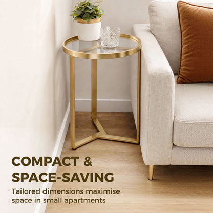 HOMCOM Round Side Table with Tempered Glass Top and Geometric Metal Frame for Small Space, Gold Tone