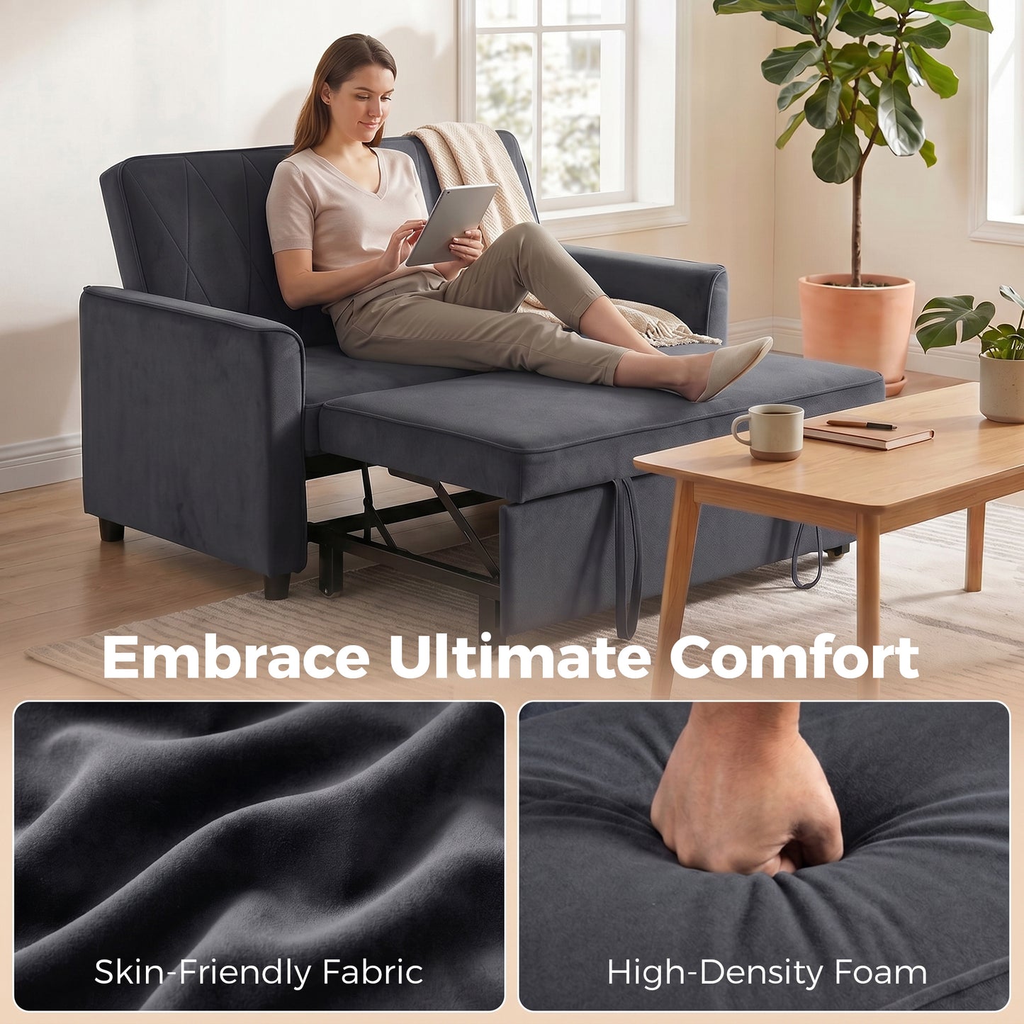 HOMCOM 2 Seater Sofa Bed, 3-in-1 Convertible Pull Out Sleeper Sofa with Clik-Clack Adjustable Backrest, Dark Grey