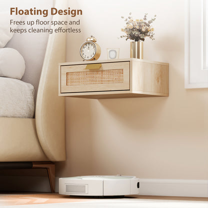 HOMCOM Floating Bedside Tables Set of 2, Wall Mounted Bedside Cabinets with Rattan Drawer and Wood Effect, Oak