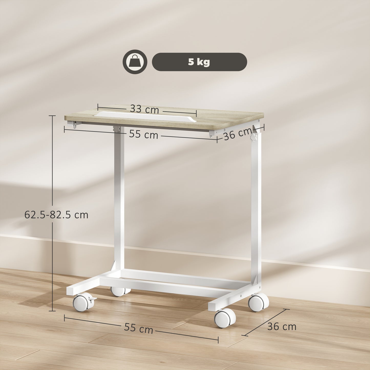 HOMCOM C-Shaped Sofa Side Table, Height Adjustable Overbed Table with Tilting Desktop, Mobile Laptop Desk for Living Room Bedroom, Oak and White