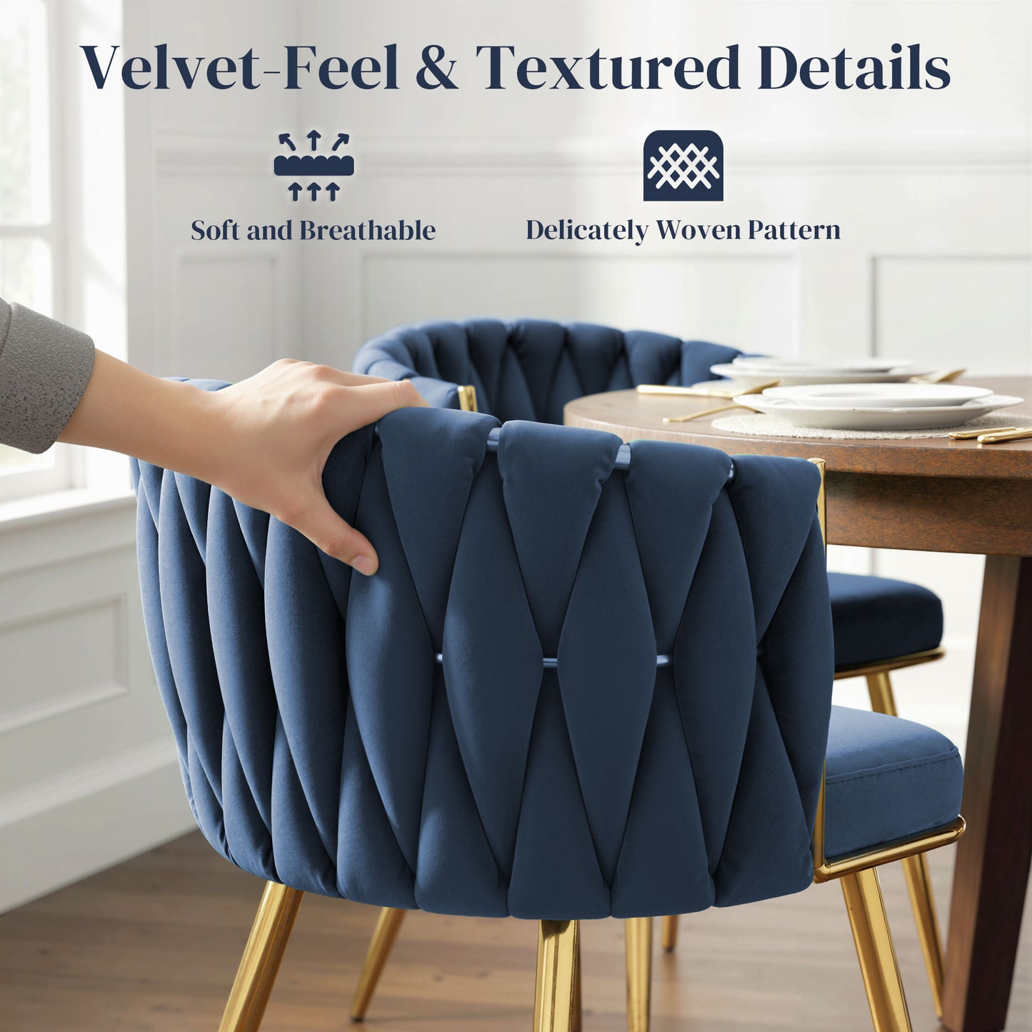 HOMCOM Velvet-Feel Dining Chairs Set of 2, Modern Upholstered Armchair with Knot Design and Golden Metal Legs, Accent Chair for Dining Room, Bedroom, Kitchen, Living Room, Dark Blue