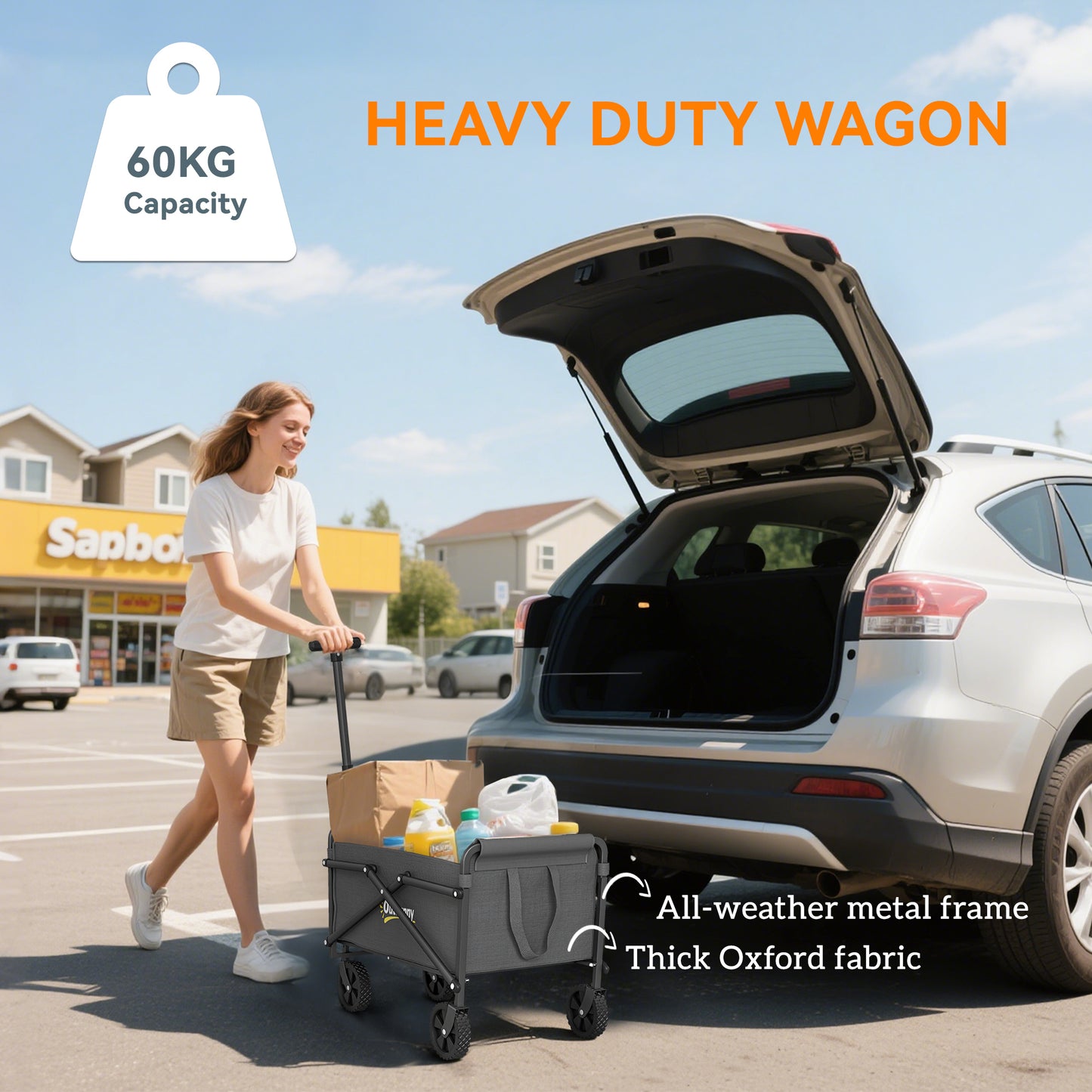 Outsunny 41L Festival Trolley on Wheels, Compact Garden Folding Trolley Cart, 60kg Heavy Duty Collapsible Foldable Wagon with Adjustable Handle and Carrying Bag for Beach, Camping, Festival, Grey