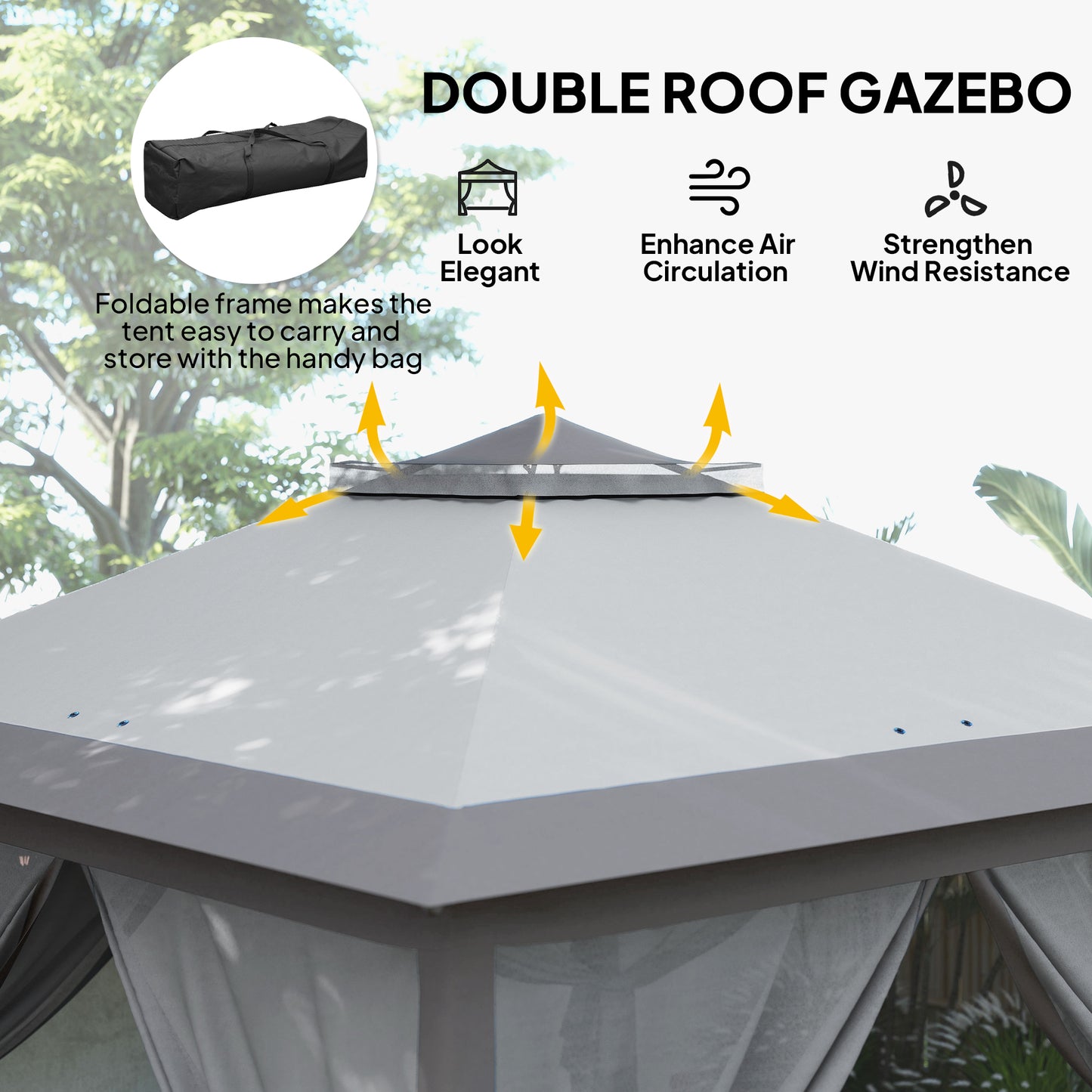 Outsunny 3.3 x 3.3m Pop Up Gazebo, Double Roof Foldable Canopy Tent with Zipped Mesh Sidewalls, Height Adjustable and Carrying Bag, Event Tent for Patio Garden, Grey
