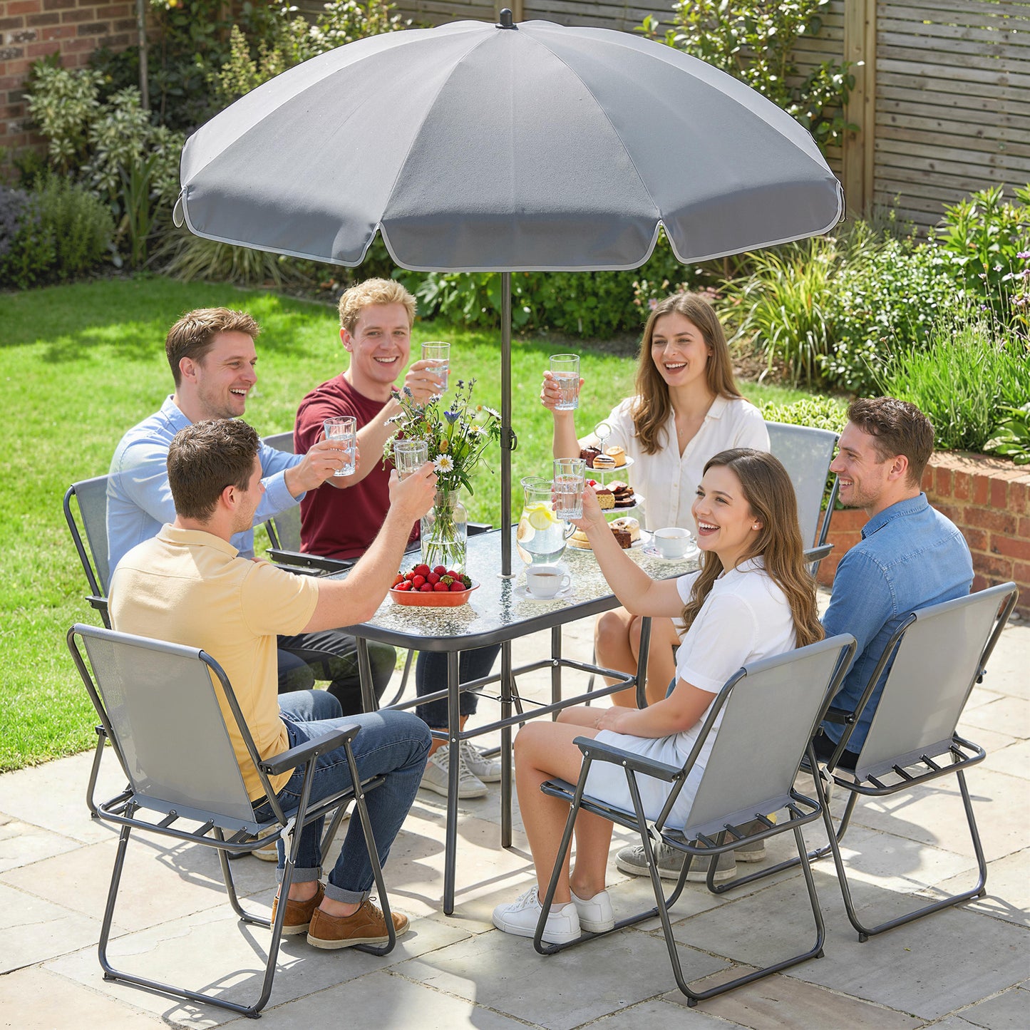 Outsunny 8 Piece Garden Dining Set with Umbrella, Garden Furniture Set with 6 Folding Chairs, Tempered Glass Table for Patio Grey--ChewyGames-ChewyGames