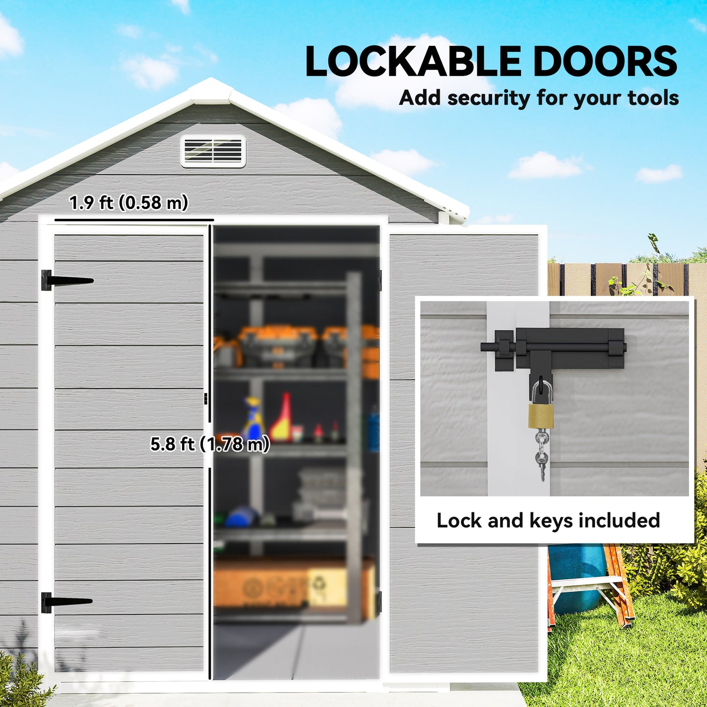 Outsunny 6 x 5ft Garden Shed, Plastic Shed with Floor, Window, Lockable Doors and Vents, Wood Effect Resin Tool Shed for Outdoor Patio, Dark Grey