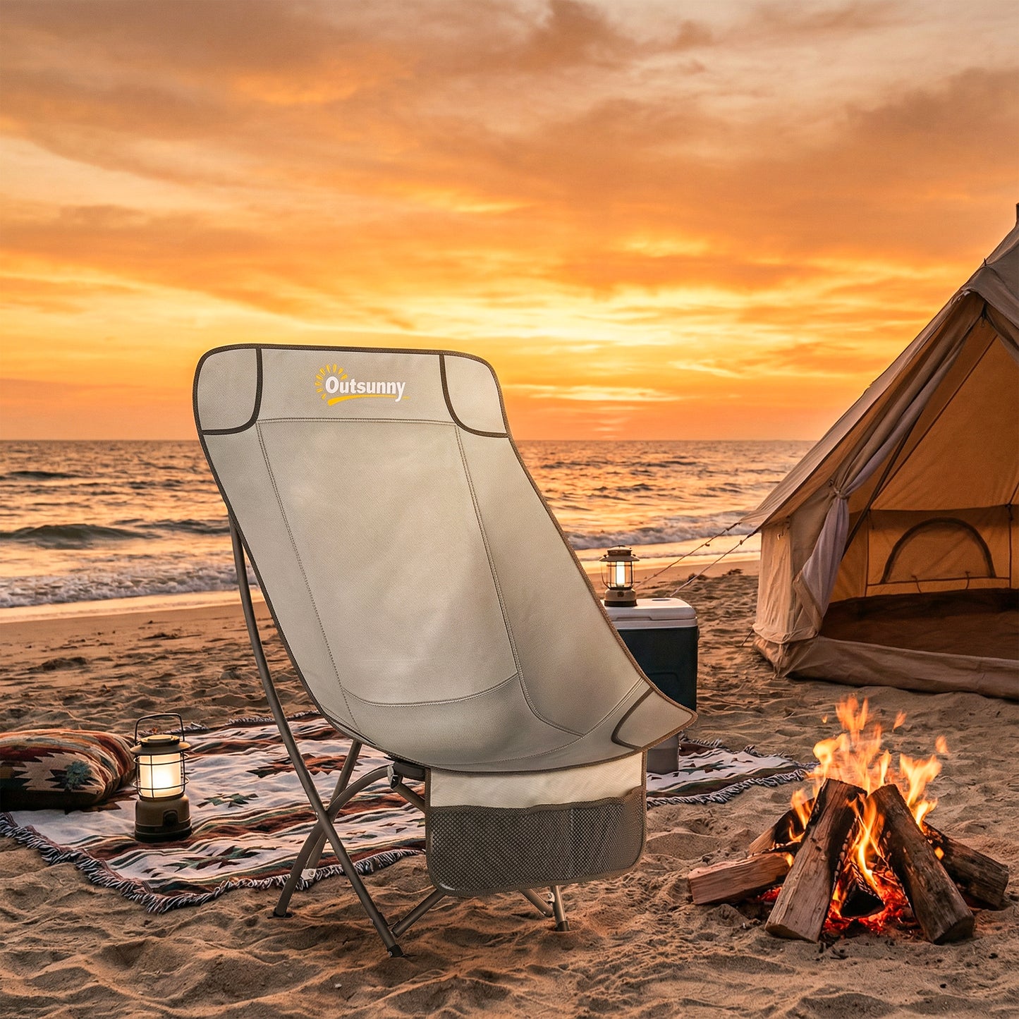 Outsunny Camping Chair for Adults Heavy Duty Folding Camp Chair with Side Pocket and Carry Bag Light Grey