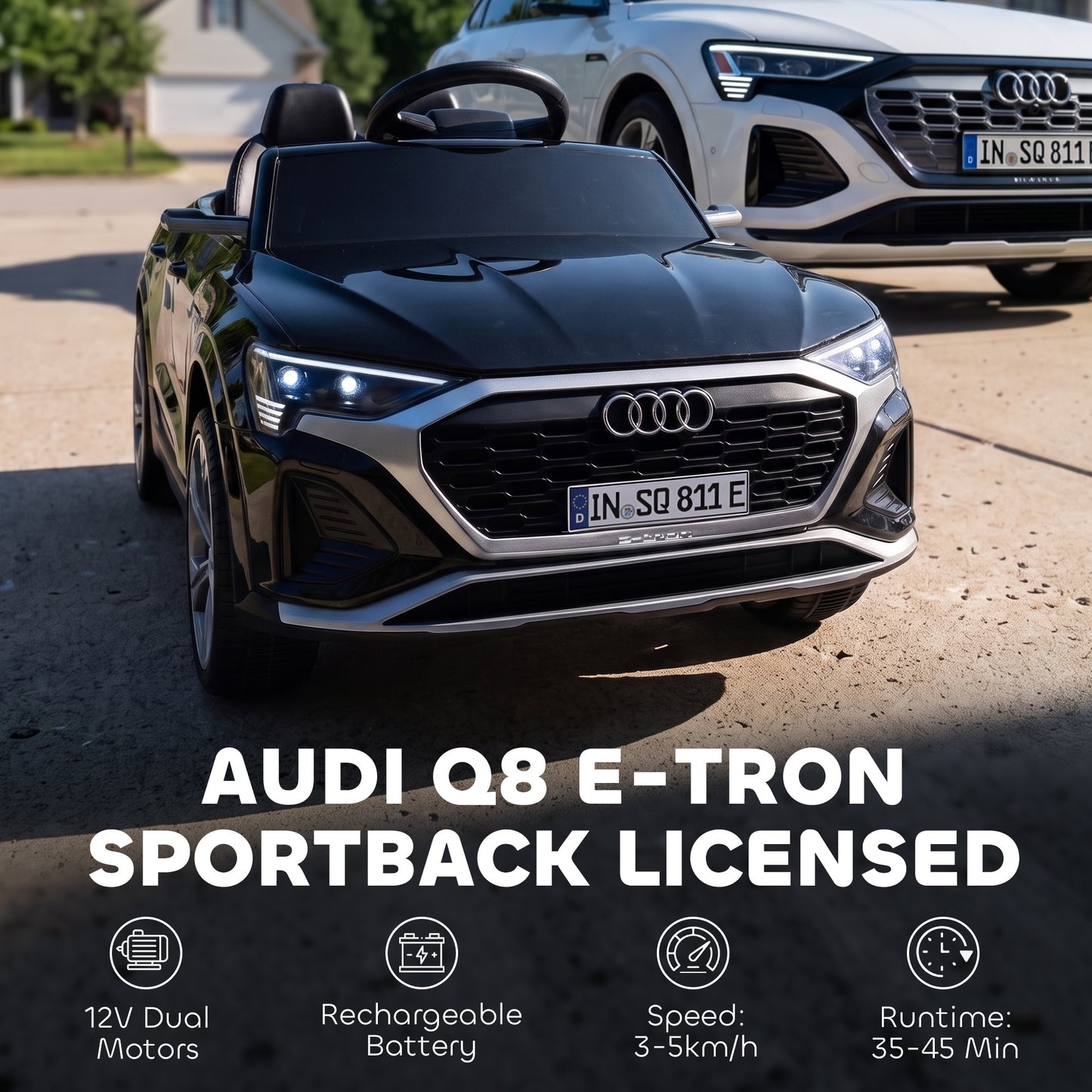 AIYAPLAY Audi Q8 etron Sportback Licensed Ride on Car with Remote Control, Four-Wheel Suspension, Soft Start for Ages 3-4, Black