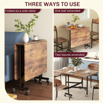 HOMCOM Six-Seater Drop-Leaf Dining Table, with Wheels - Brown Wood-Effect-Kitchen & Dining Room Tables-ChewyGames-ChewyGames