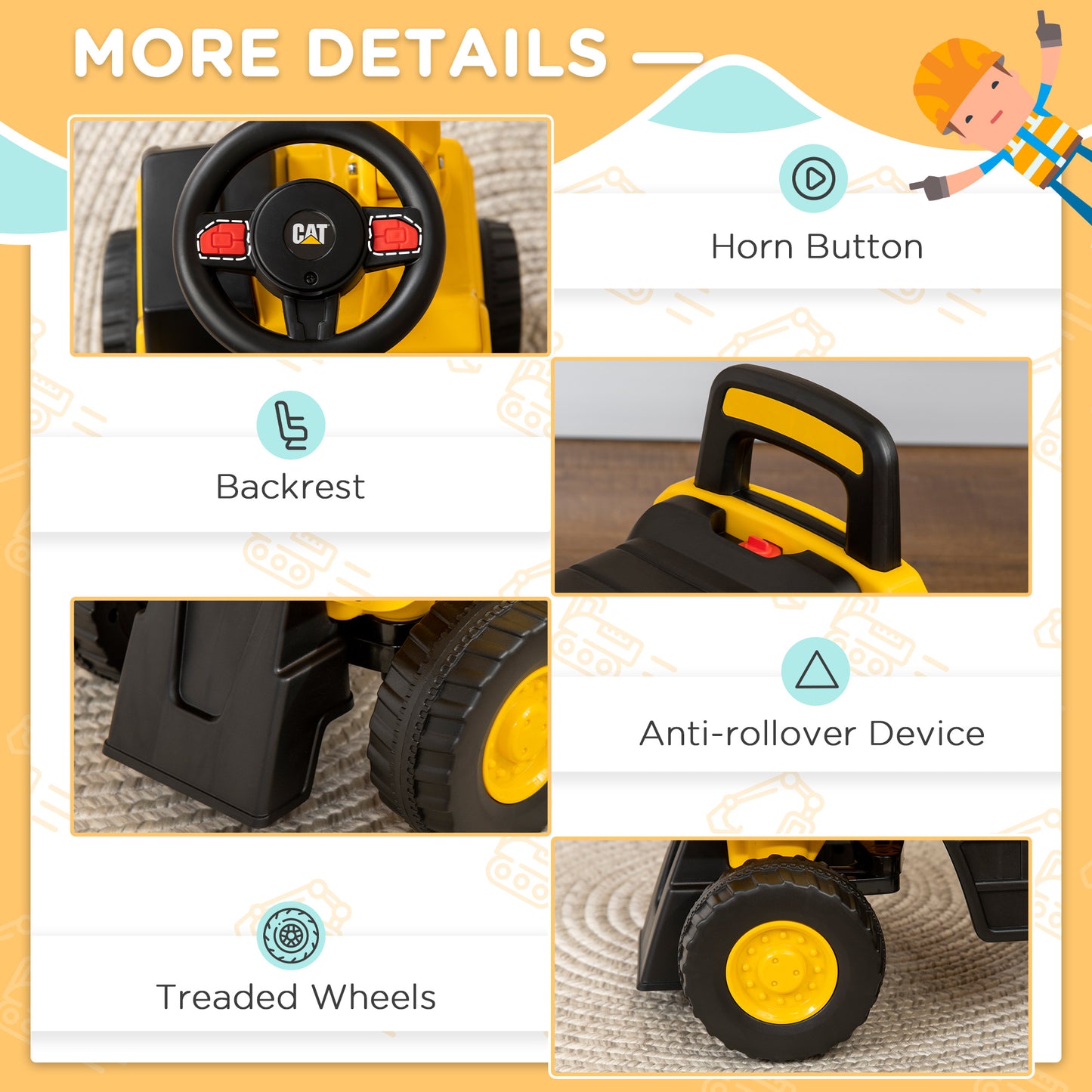 HOMCOM CAT Licensed Kids Ride on Digger Toddler Pretend Construction Play Toy Foot-To-Floor Ride-On Toy w/ Manual Shovel, Horn, Hidden Storage, for Ages 1-3 Years--ChewyGames-ChewyGames