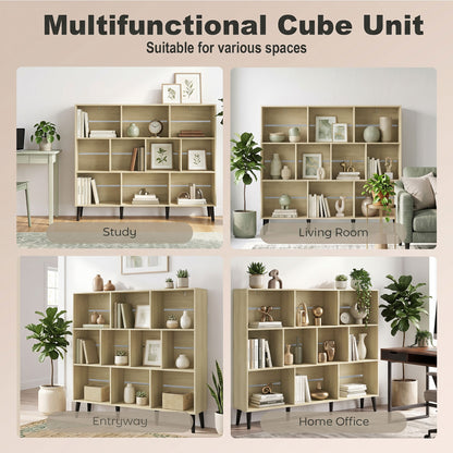 HOMCOM 10-Cube Bookcase, 3-Tier Book Shelf with Solid Wood Legs, 140 cm Modern Bookshelf with Anti-Tip Kit, Oak