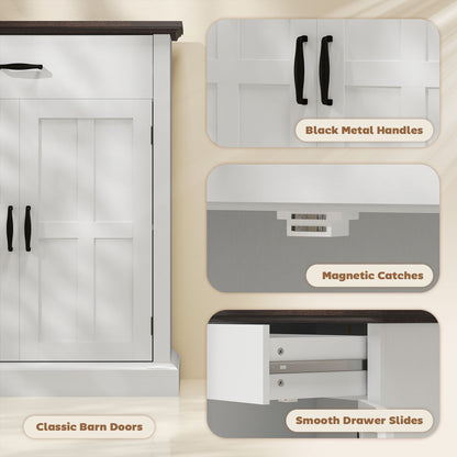 HOMCOM Farmhouse Sideboard with 3 cm Thick Top 2 Barn Doors - White