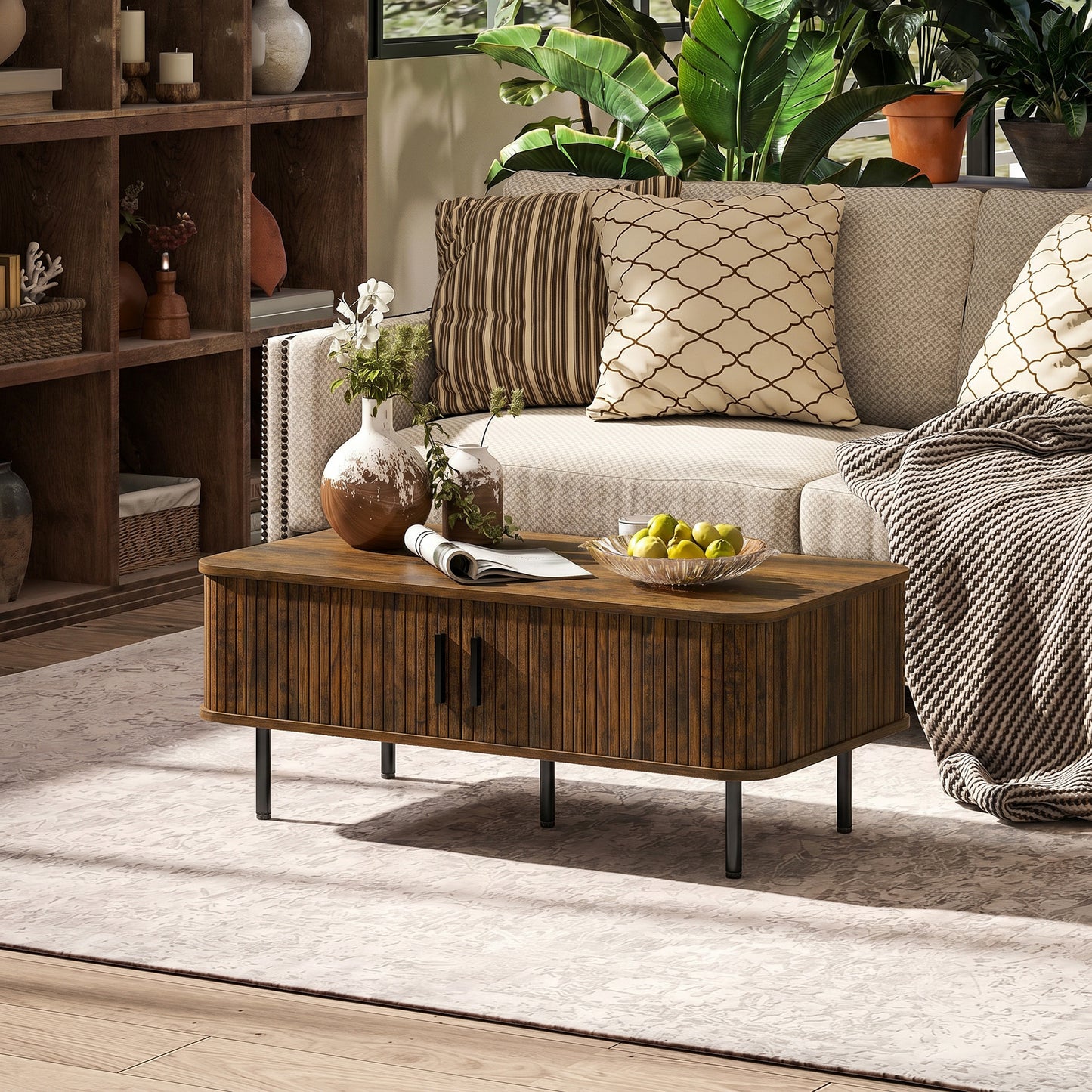 HOMCOM Coffee Table with Storage, Living Room Table with Slatted Tambour Sliding Doors and Adjustable Foot Pads, Rectangular Coffee Table with Elevated Base for Living Room, Rustic Brown