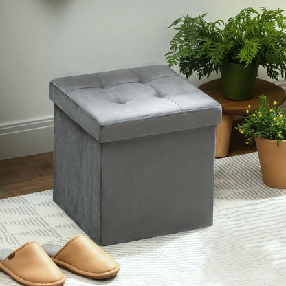 HOMCOM Foldable Velvet-Feel Storage Ottoman, 38 x 38 x 38 cm, Grey